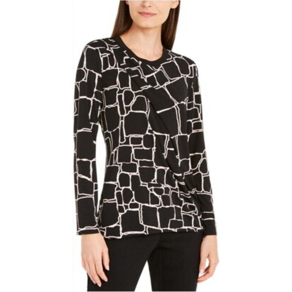 Alfani Black White Geometric Print‎ Long Sleeve Crew Neck Top Small NWT $60